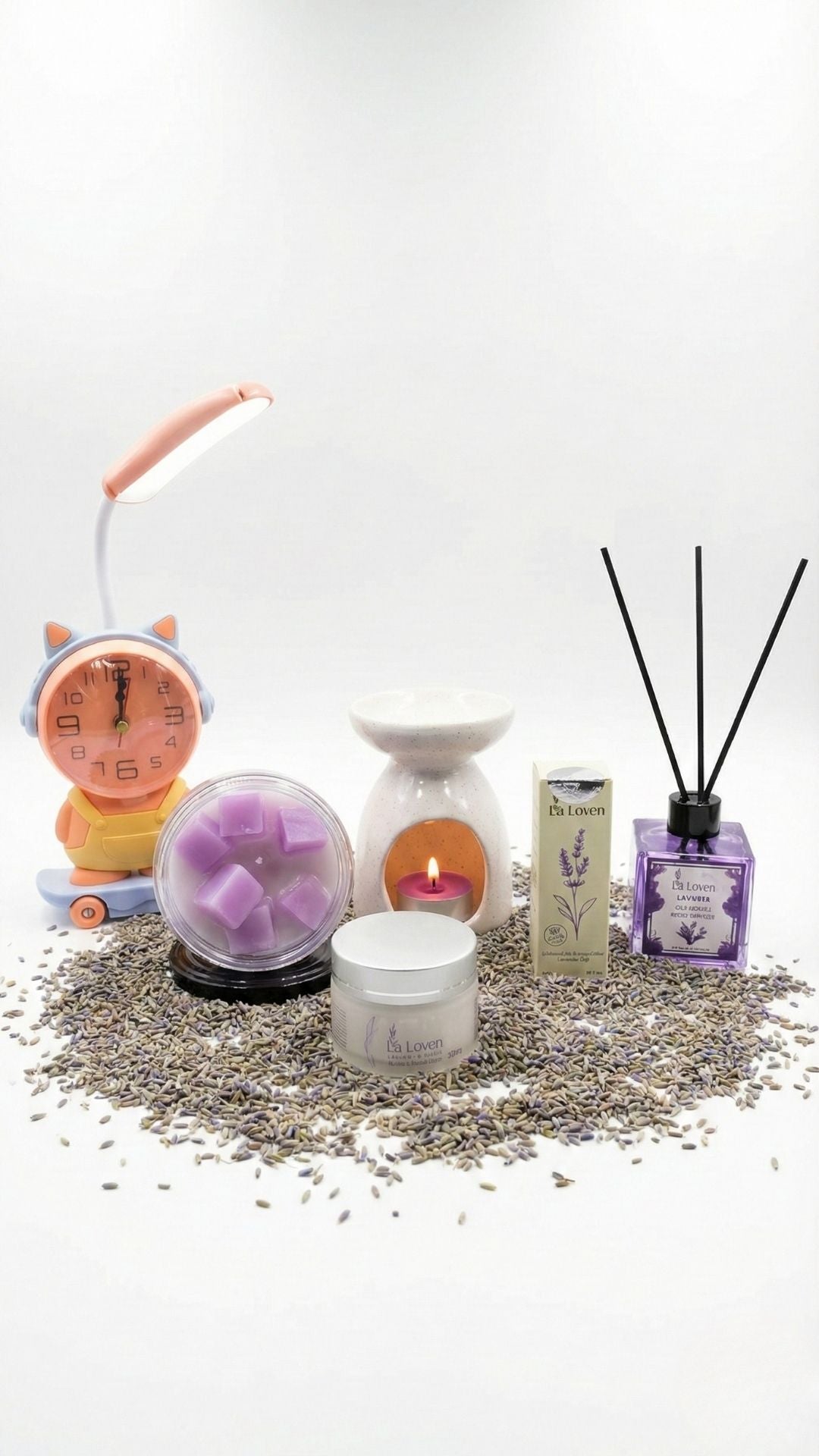 Motivasyon Köşesi Seti: Kedi Figürlü Masa Lambası & Lavanta Terapisi (6 Parça)