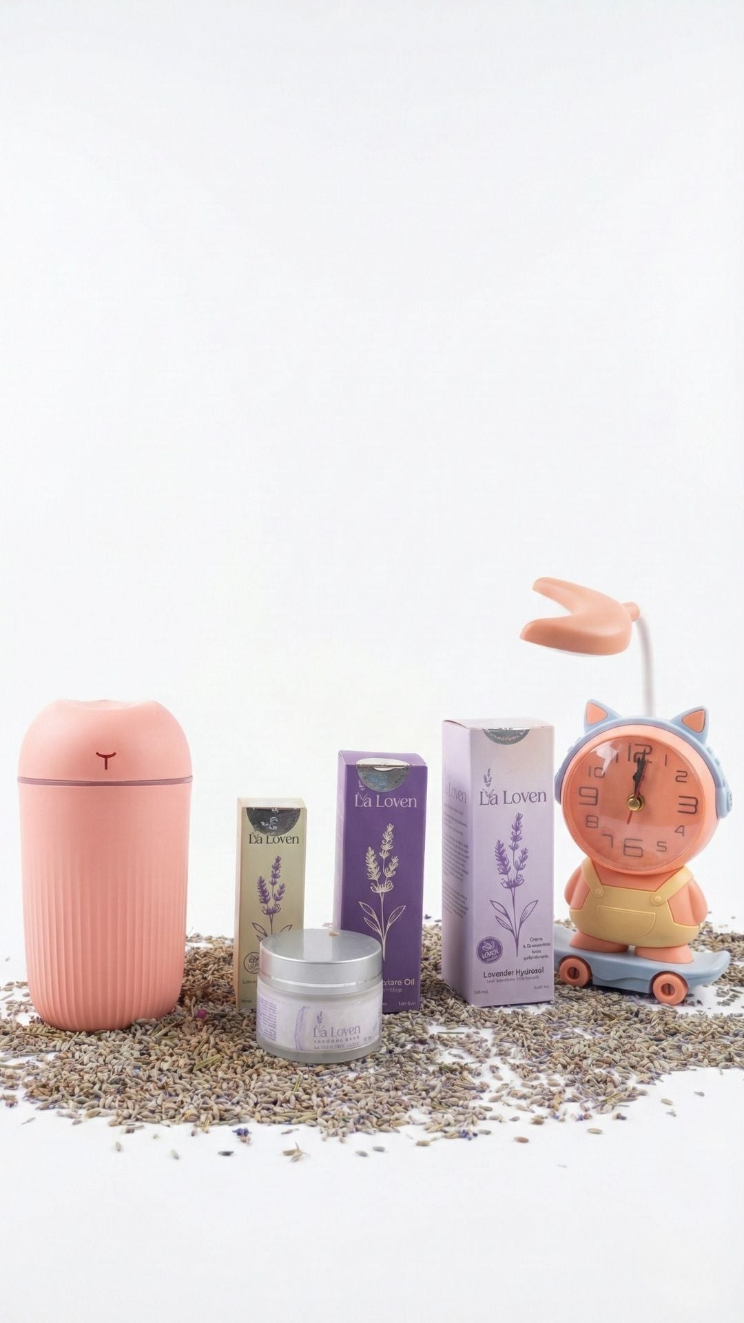 Pembe Spa Köşesi: 5 Parça Aromaterapik Lavanta Cilt Bakım Seti ve Hava Nemlendirici