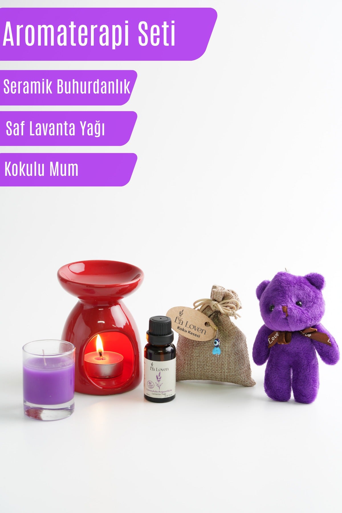 Lavanta Aromaterapi Seti – Buhurdanlık, %100 Doğal Saf Lavanta Yağı 20 ml, Kese, Mum