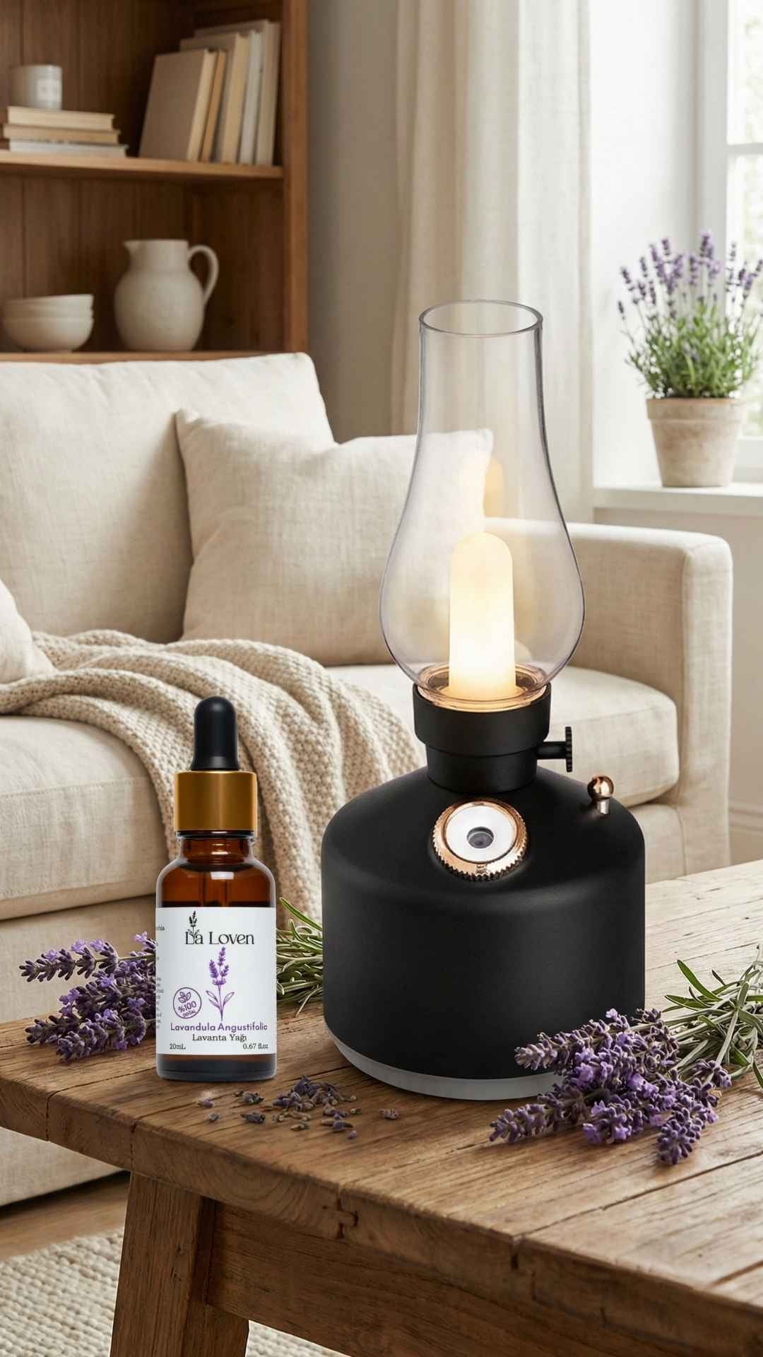Gaz Lambası Dekorlu Difüzör & Saf Lavanta Yağı Seti (Nostaljik Işık ve Aroma)