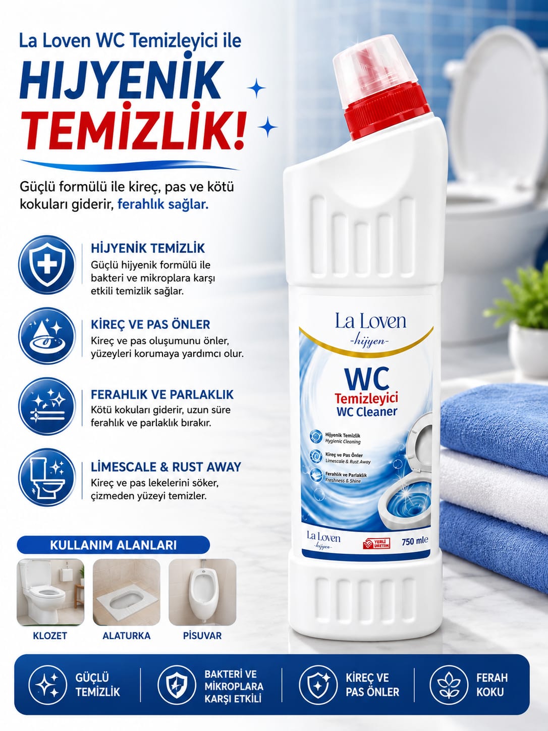 WC Temizleyici 750 ML – Güçlü Hijyen ve Etkili Temizlik