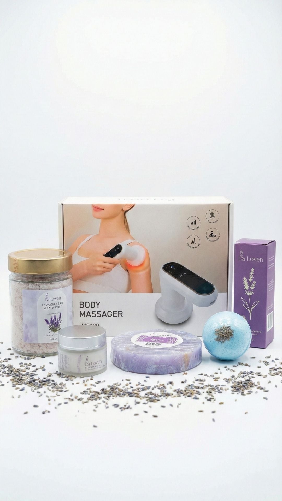 Ultimate Home SPA Seti: 5 Başlıklı Masaj Tabancası + 5 Parça Lavanta Bakım Serisi