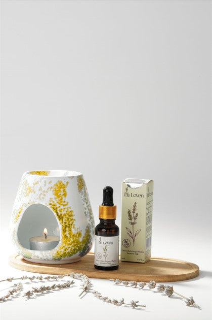 Meditasyon İkilisi | Lavanta Yağı 20 ml ve Sarı Desenli Buhurdanlık %100 Doğal