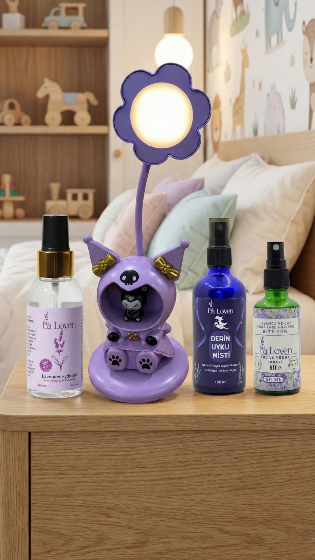 Çocuk Uyku ve Günlük Bakım Seti – Lavanta Hidrosolü + Uyku Misti + Bit Spreyi + Mor Papatya Gece Lambası