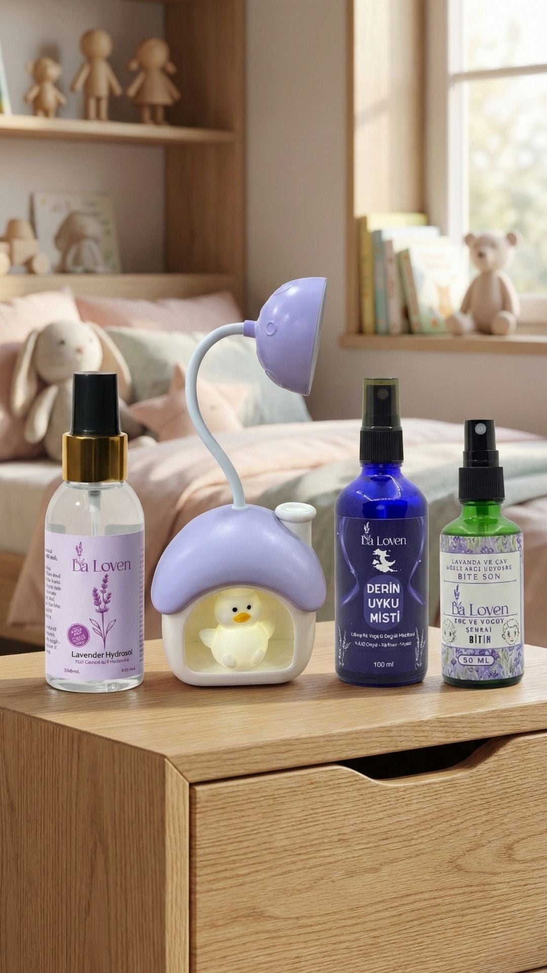 Çocuk Doğal Bakım ve Uyku Seti – Lavanta Hidrosolü + Uyku Misti + Bit Spreyi + Mor Civciv Gece Lambası
