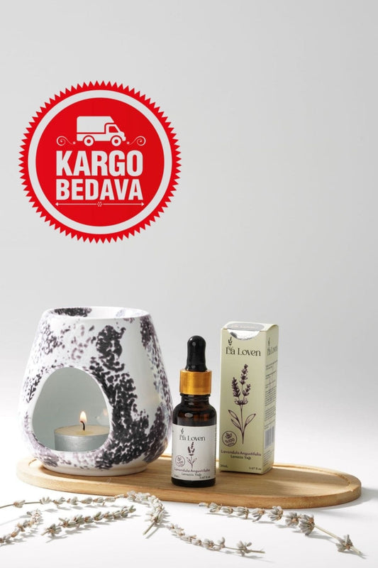 Meditasyon İkilisi | Lavanta Yağı 20 ml ve Desenli Siyah Buhurdanlık %100 Doğal