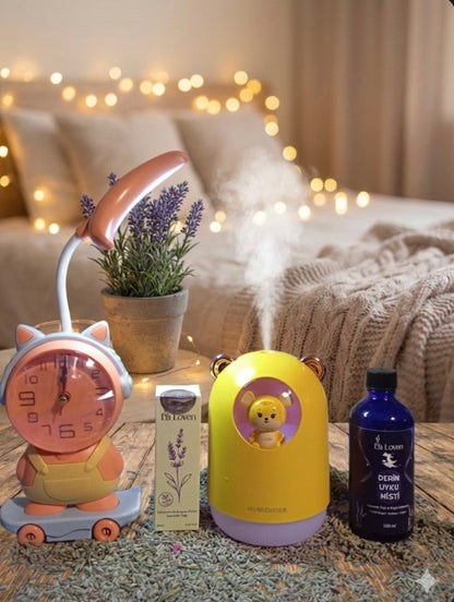 Sevimli Kedi Dünyası: 4'lü Eksiksiz Uyku ve Huzur Seti (Gece Lambası, Difüzör & Aromaterapi Paketi)