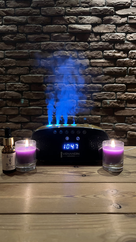 Bluetooth Müzik Çalarlı Difüzör Seti – Lavanta Yağı + Dekoratif Mum