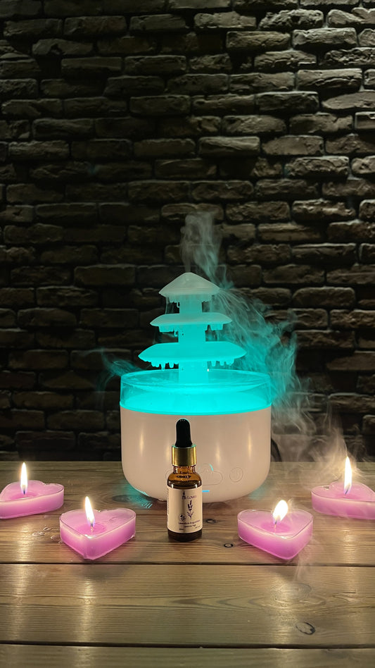 Şelale Dekoratif Difüzör – Mavi Aydınlatmalı + 4’lü Kalp Mum + Lavanta Yağı