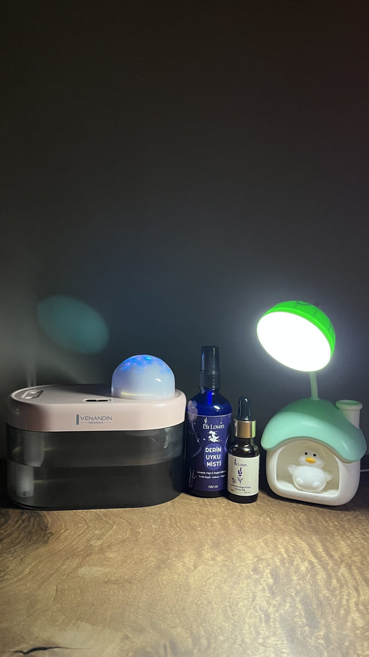 Yeşil Civcivli Masa Lambası Aromaterapi Seti – Difüzör + Uyku Misti + Lavanta Yağı