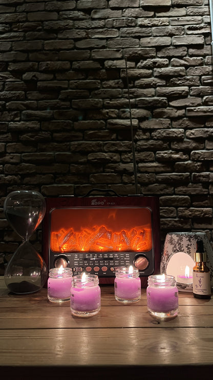 Aromaterapi & Dekor Premium Set – Antika Radyo Tipi Bluetooth Şömine + Siyah Kumlu Kum Saati + Desenli Buhurdanlık + 4’lü Mum + Lavanta Yağı