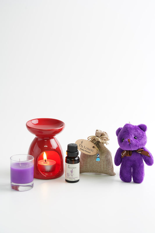 Lavanta Aromaterapi Seti – Buhurdanlık, %100 Doğal Saf Lavanta Yağı 20 ml, Kese, Mum