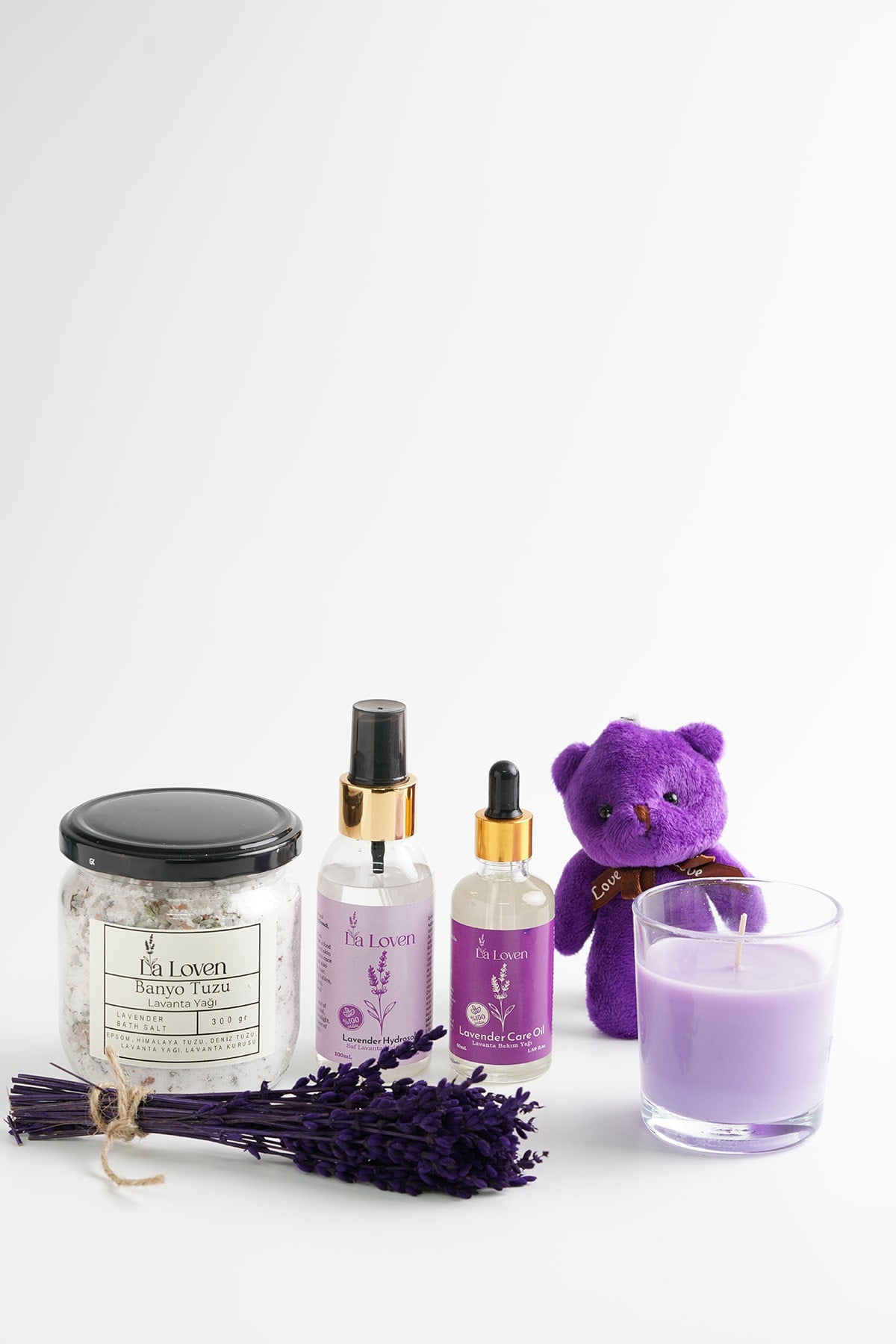 Lavanta Mini Hediye Seti – Banyo Tuzu, Lavanta Hidrosolü, Lavanta Bakım Yağı, Mum