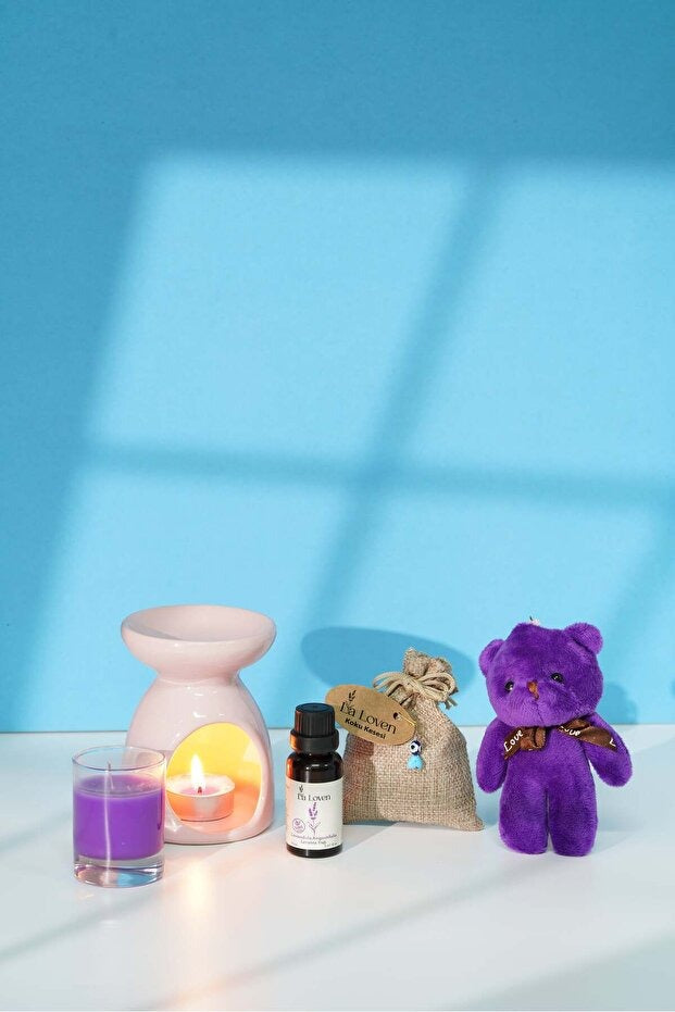 Lavanta Aromaterapi Seti – Buhurdanlık, %100 Doğal Saf Lavanta Yağı 20 ml, Kese, Mum