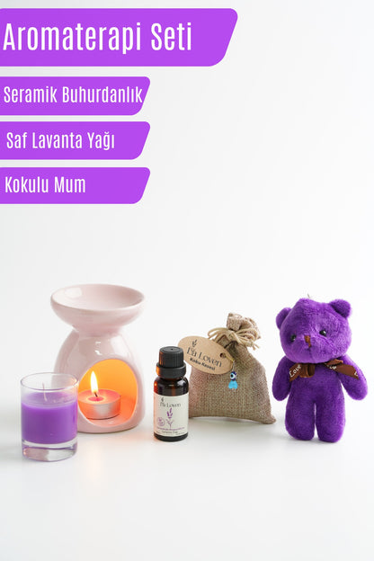 Lavanta Aromaterapi Seti – Buhurdanlık, %100 Doğal Saf Lavanta Yağı 20 ml, Kese, Mum