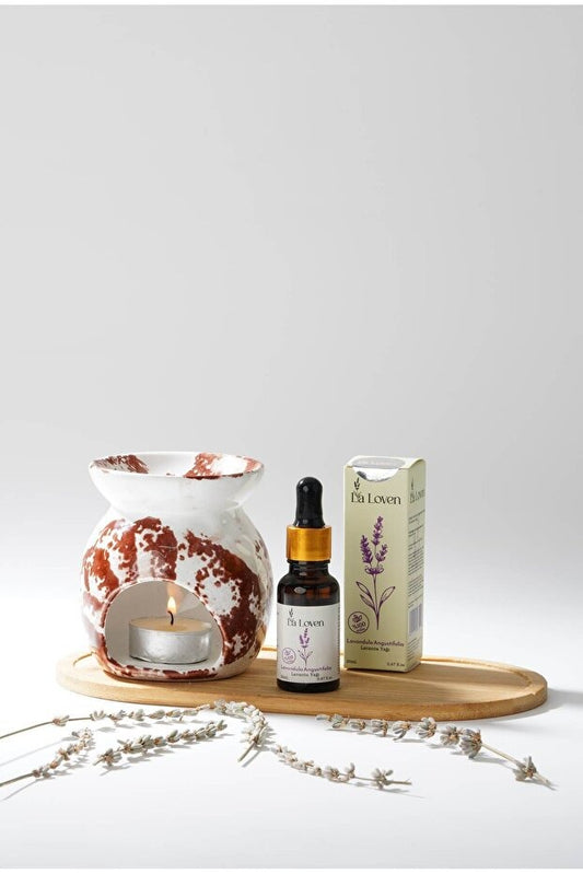 Meditasyon İkilisi | Lavanta Yağı 20 ml ve Bordo Desenli Buhurdanlık | %100 Doğal