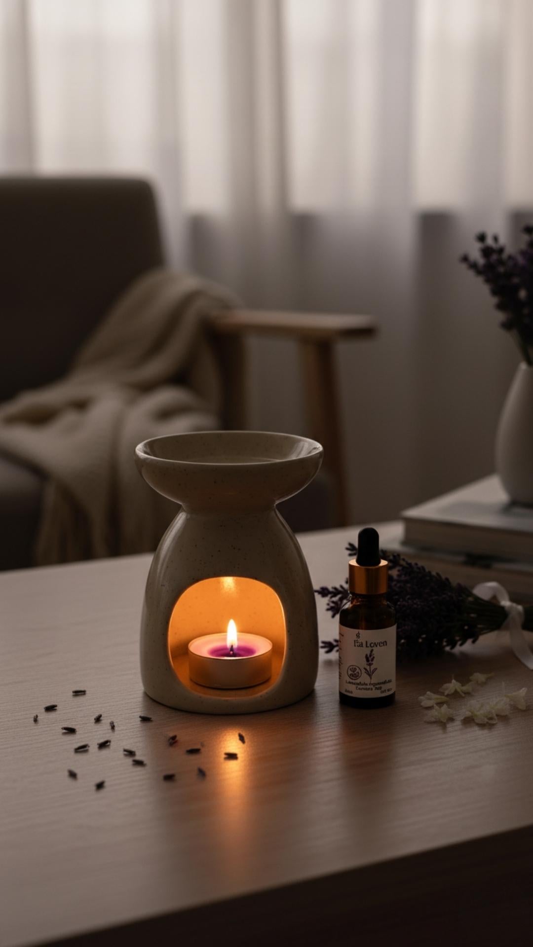 Meditasyon İkilisi | Lavanta Yağı 20 ml ve Beyaz Desenli Buhurdanlık + 1 Adet Tealight Mum | %100 Doğal