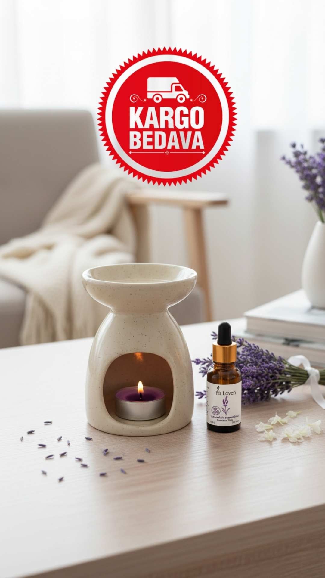 Meditasyon İkilisi | Lavanta Yağı 20 ml ve Beyaz Desenli Buhurdanlık + 1 Adet Tealight Mum | %100 Doğal
