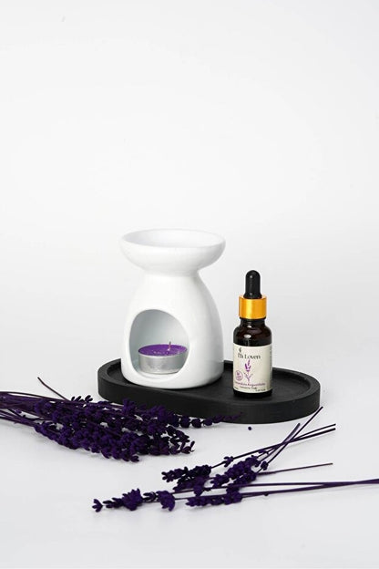 Meditasyon İkilisi | Lavanta Yağı 20 ml ve Düz Beyaz Buhurdanlık + 1 Adet Tealight Mum | %100 Doğal