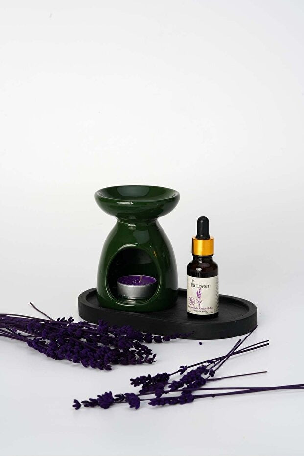 Meditasyon İkilisi | Lavanta Yağı 20 ml ve Düz Renkli Buhurdanlık + 1 Adet Tealight Mum | %100 Doğal