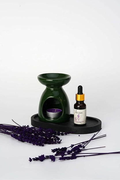 Meditasyon İkilisi | Lavanta Yağı 20 ml ve Düz Renkli Buhurdanlık + 1 Adet Tealight Mum | %100 Doğal