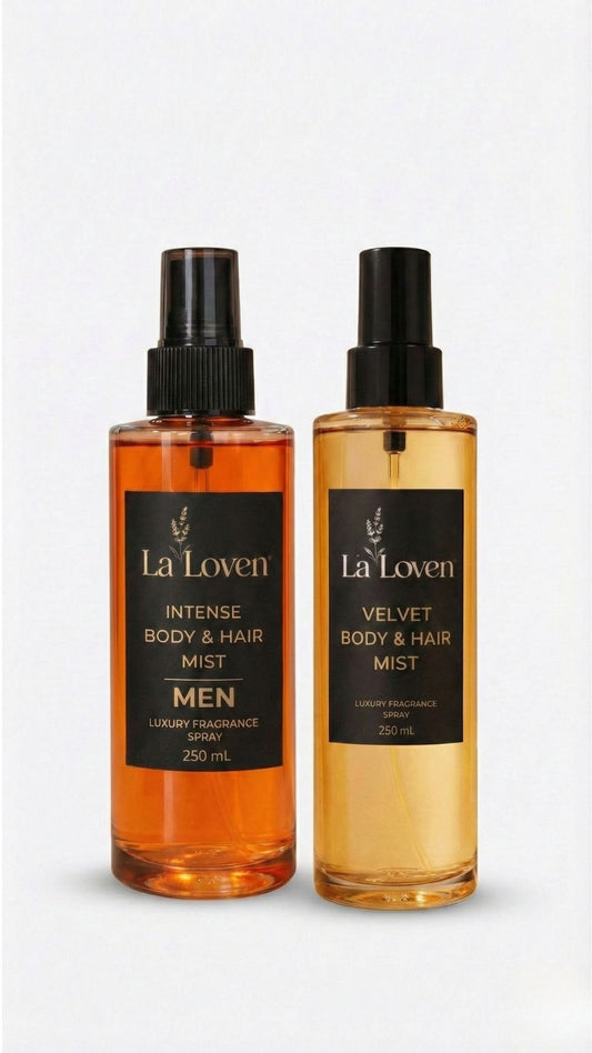 Laloven Couple Series: Velvet & Intense Lüks Vücut ve Saç Spreyi Seti (2x250ml)