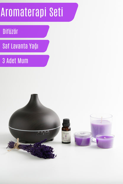 Saf Lavanta Yağı 20 ml ve Hava Nemlendirici 550 ml - Aromaterapi Seti - Mum Hediye Seti