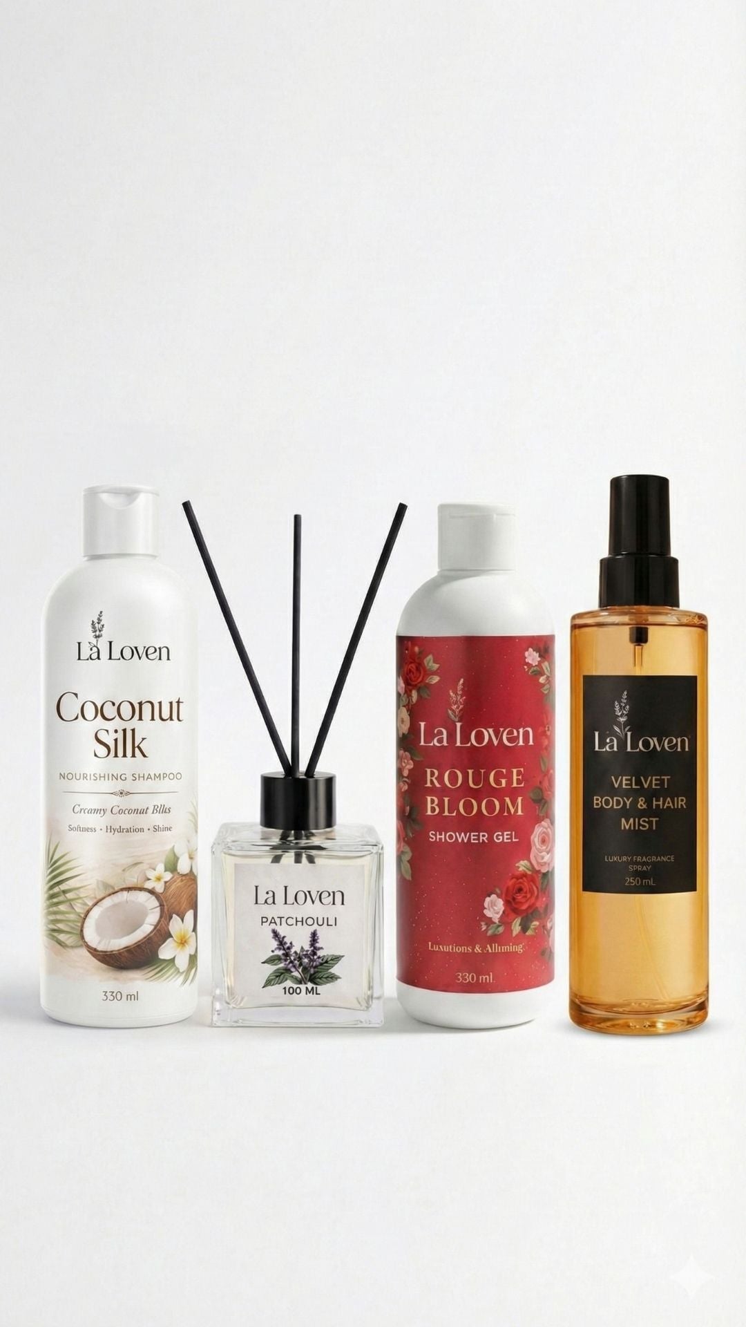 Laloven Signature Aura: Lüks Vücut, Saç Bakımı ve Ortam Koku Seti (4 Parça)