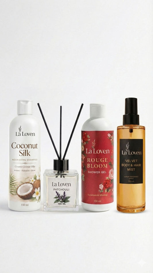 Laloven Signature Aura: Lüks Vücut, Saç Bakımı ve Ortam Koku Seti (4 Parça)