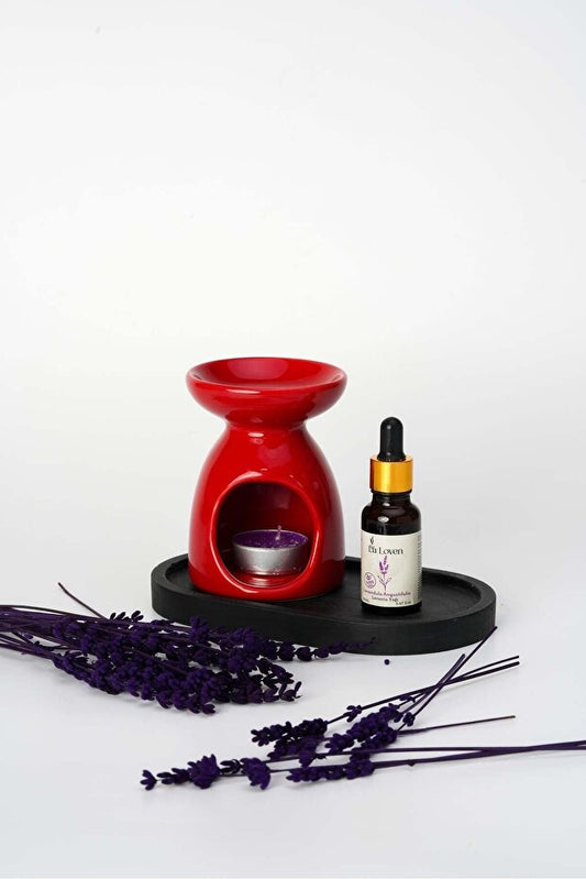 Meditasyon İkilisi | Lavanta Yağı 20 ml ve Kırmızı Buhurdanlık + 1 Adet Tealight Mum | %100 Doğal