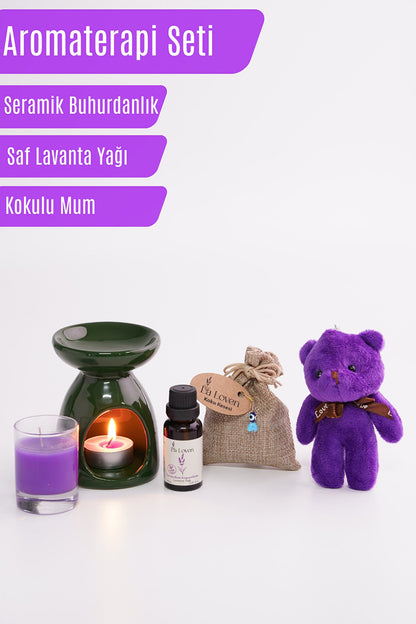 Lavanta Aromaterapi Seti – Buhurdanlık, %100 Doğal Saf Lavanta Yağı 20 ml, Kese, Mum
