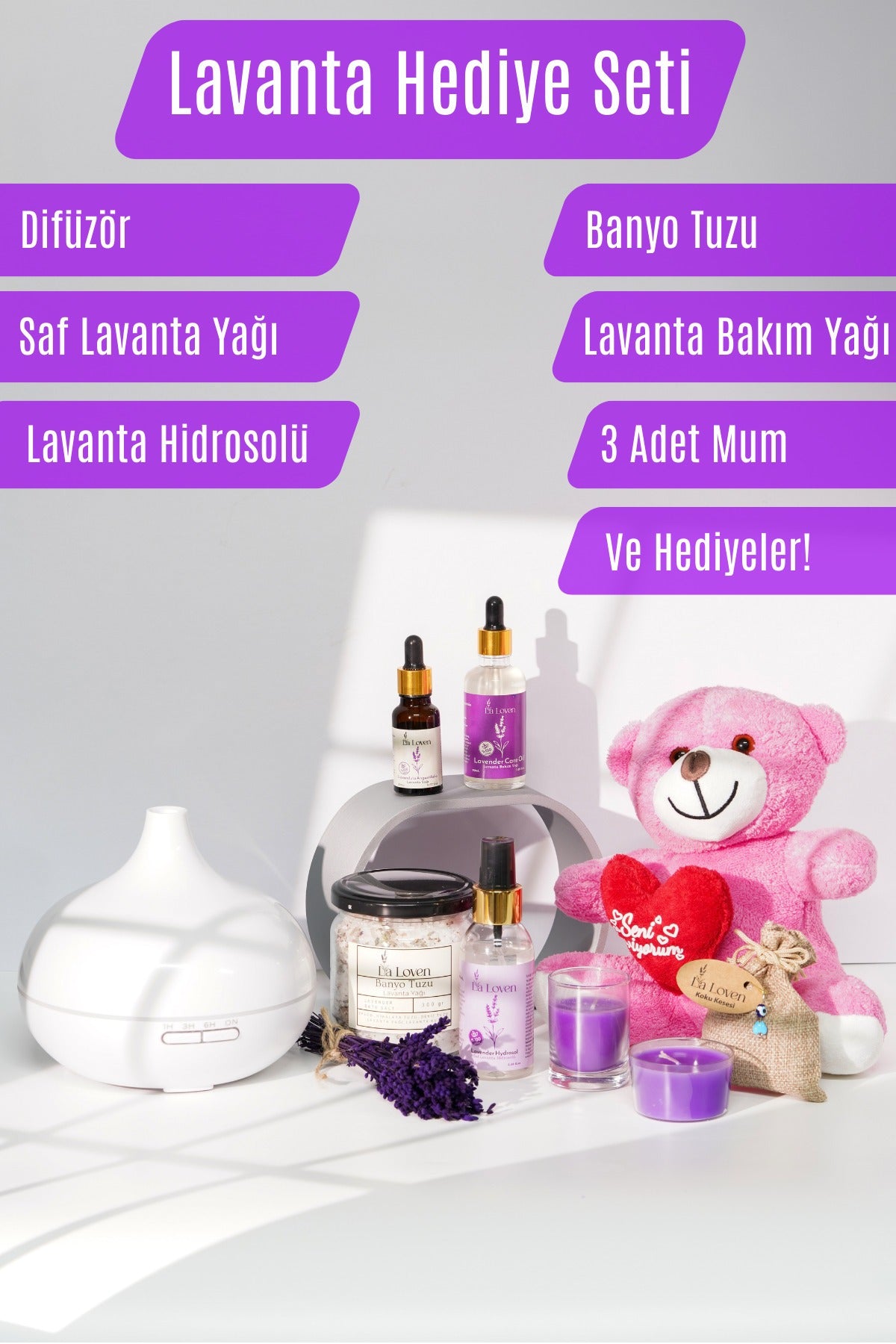 Lavanta Hediye Spa Seti - Lavanta Yağı, Lavanta Bakım Yağı, Lavanta Hidrosolü, Banyo Tuzu ve Dahası