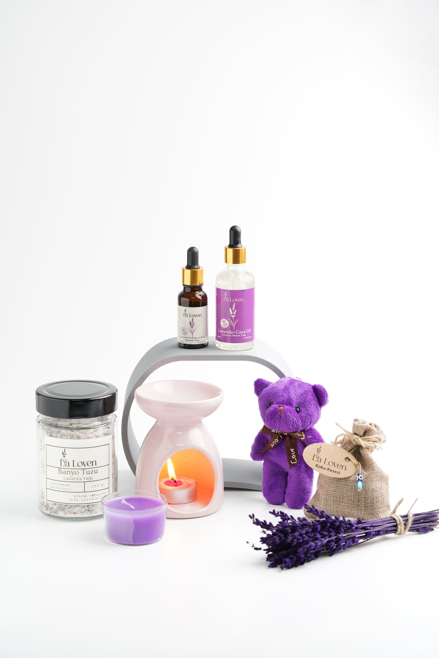Zengin Aromaterapi Seti - Lavanta Yağı, Lavanta Bakım Yağı, Seramik Buhurdanlık, Banyo Tuzu
