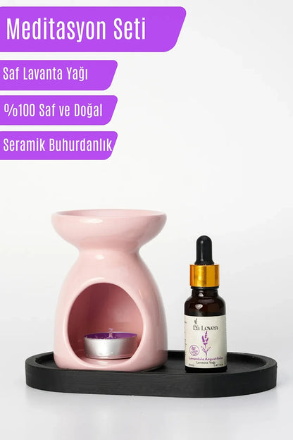 Meditasyon İkilisi | Lavanta Yağı 20 ml ve Pembe Buhurdanlık + 1 Adet Tealight Mum | %100 Doğal