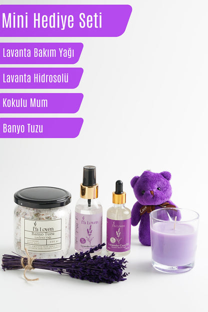 Lavanta Mini Hediye Seti – Banyo Tuzu, Lavanta Hidrosolü, Lavanta Bakım Yağı, Mum