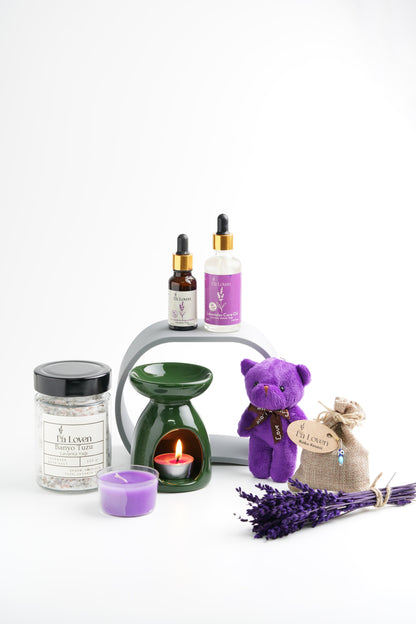 Zengin Aromaterapi Seti - Lavanta Yağı, Lavanta Bakım Yağı, Seramik Buhurdanlık, Banyo Tuzu