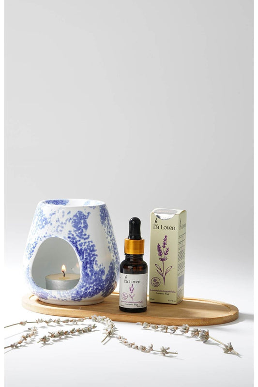 Meditasyon İkilisi | Lavanta Yağı 20 ml ve Mavi Desenli Buhurdanlık | %100 Doğal