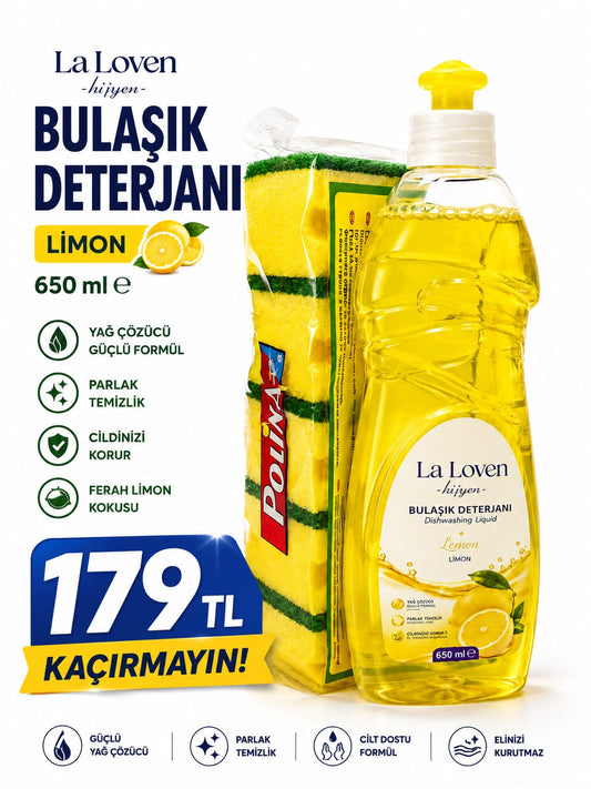 Limonlu Bulaşık Deterjanı 650 ML & 5'li Bulaşık Süngeri Seti – Güçlü Temizlik Paketi