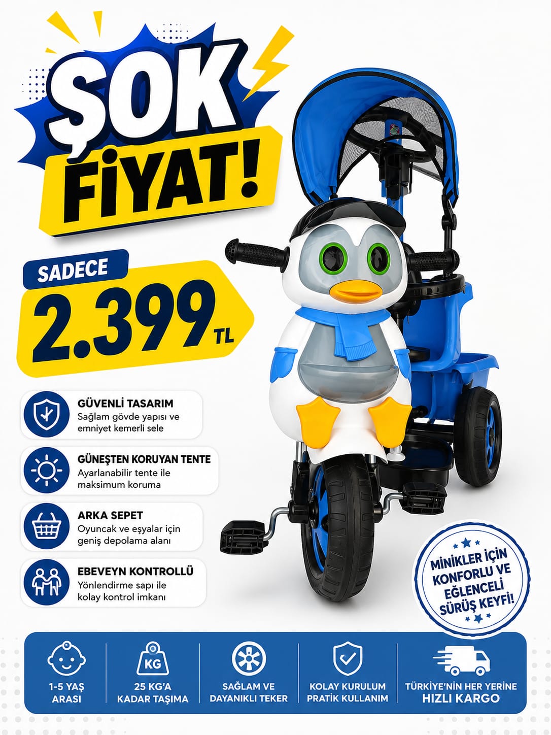 Penguen Tasarımlı Mavi Ebeveyn Kontrollü Çocuk Bisikleti