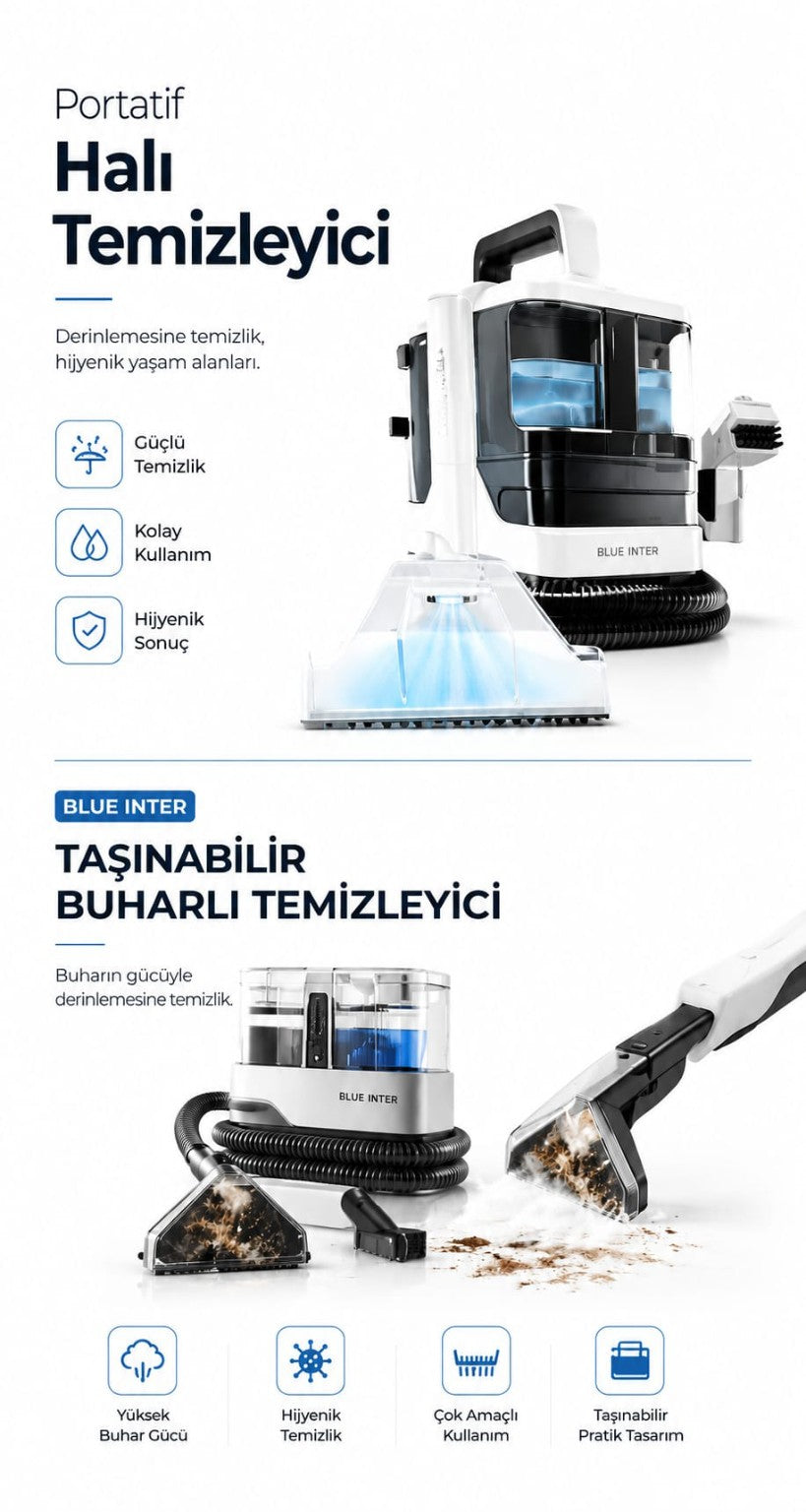 Blue Inter Portatif Halı ve Buharlı Temizleyici | Derinlemesine Hijyenik Temizlik