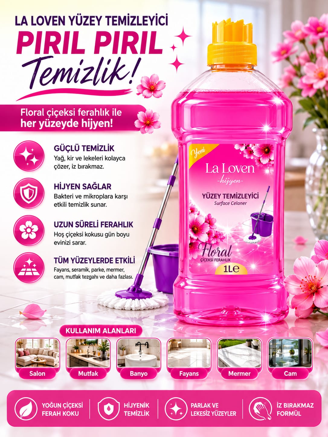 Çiçeksi Yüzey Temizleyici 1 LT – Ferah ve Hijyenik Temizlik