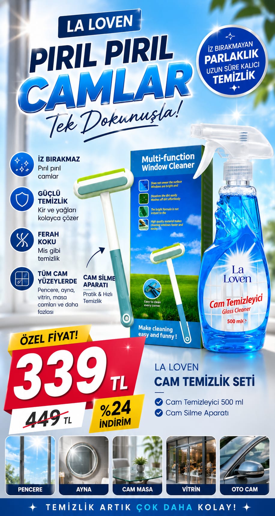 500 ML Cam Silme Suyu & Cam Temizleme Aparatı Seti – İzsiz Temizlik, Kusursuz Parlaklık