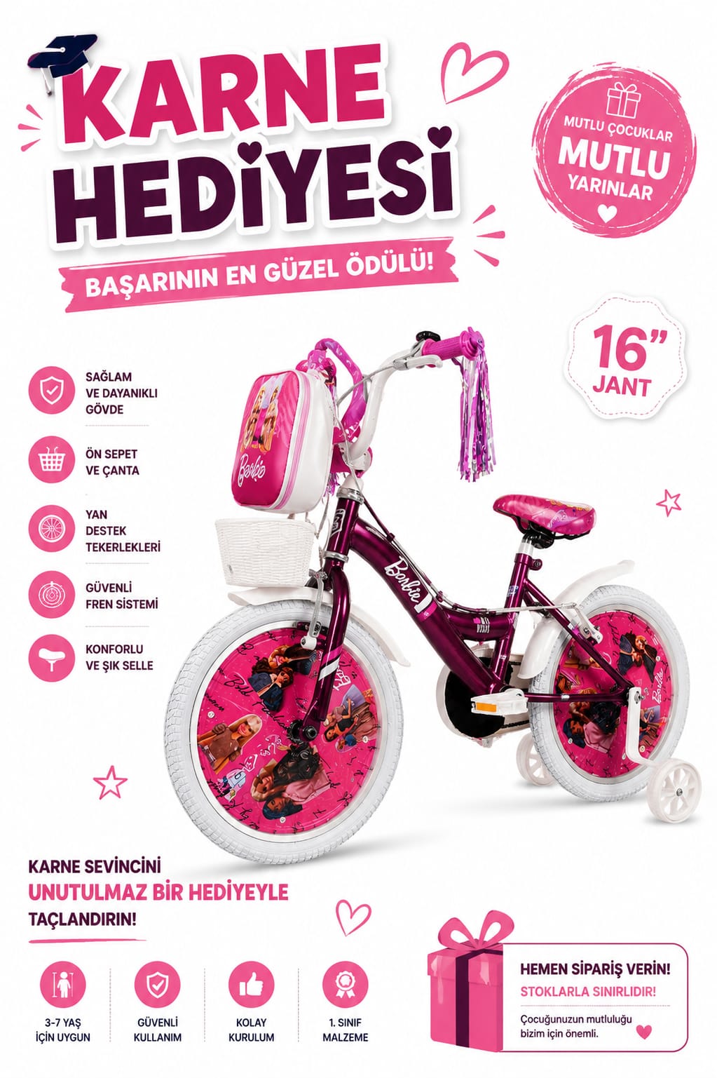 16 Jant Barbie Çocuk Bisikleti – Eğlence ve Renkli Maceralar Bir Arada!