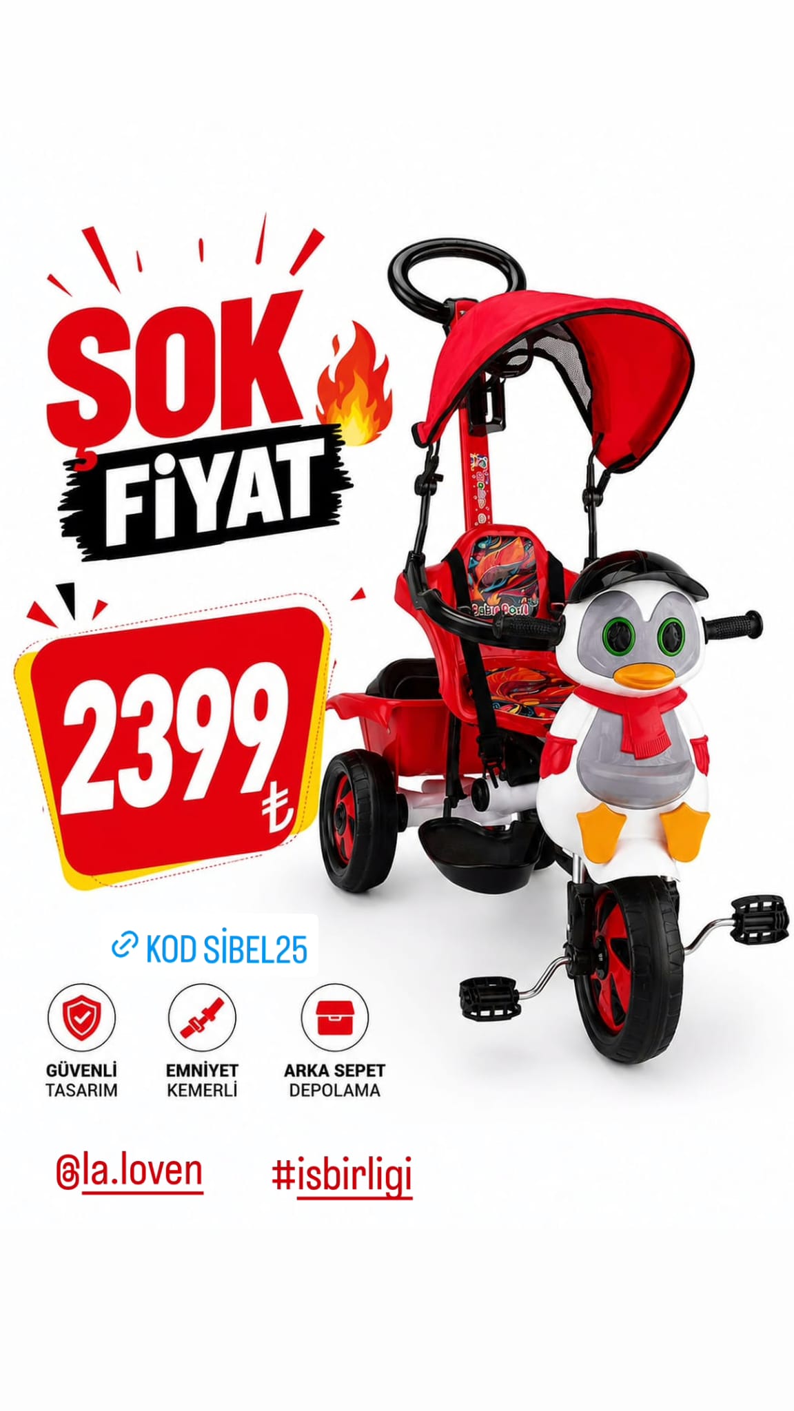 Penguen Tasarımlı Kırmızı Ebeveyn Kontrollü Çocuk Bisikleti