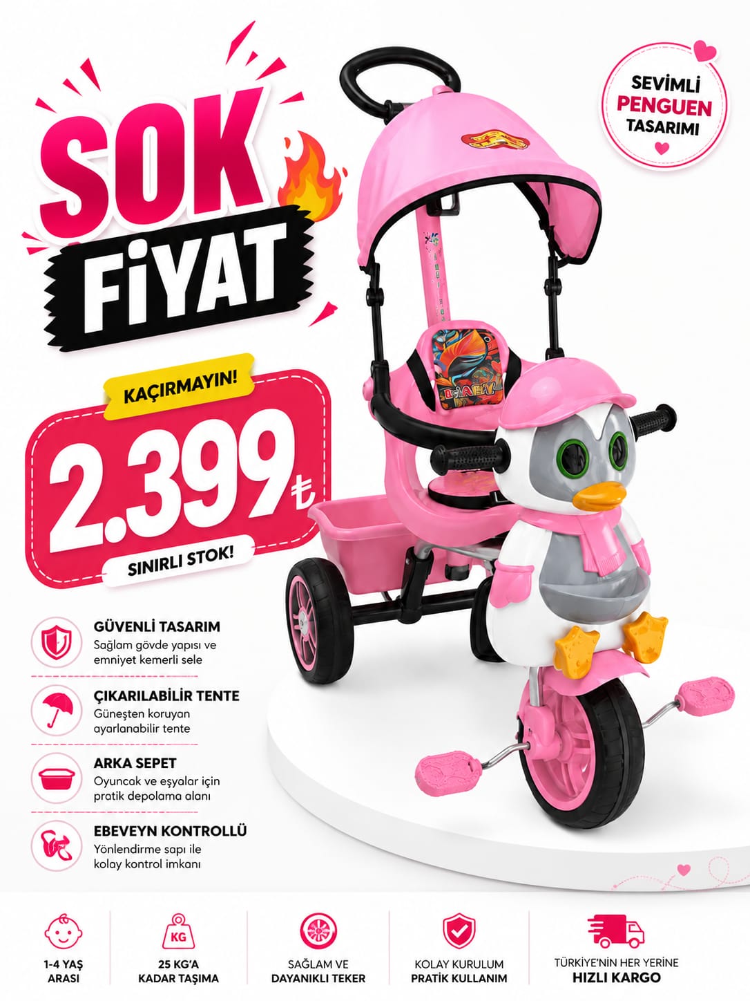 Penguen Tasarımlı Pembe Ebeveyn Kontrollü Çocuk Bisikleti