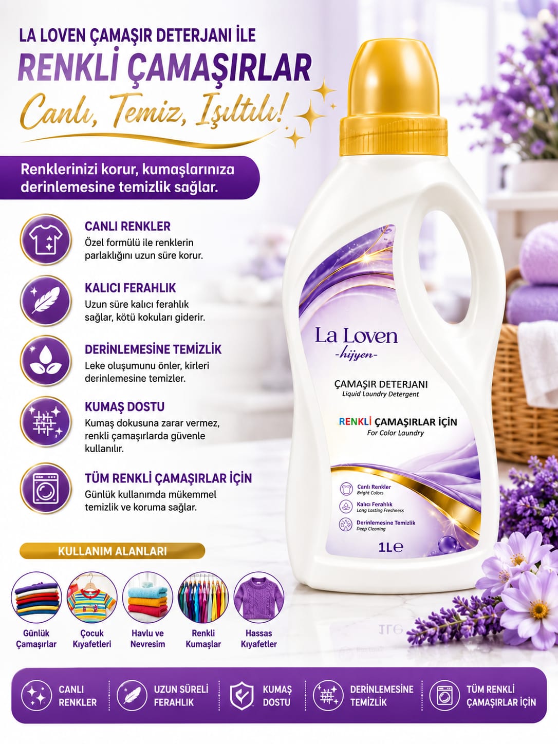 Renkliler İçin Çamaşır Deterjanı 1 LT – Canlı Renkler, Güçlü Temizlik