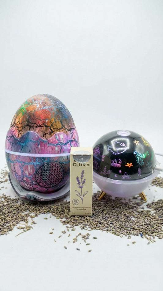 Laloven Galaxy Egg: Müzikli & Işıklı Gökyüzü Projektörlü Difüzör Seti (+Hediye Saf Lavanta Yağı)