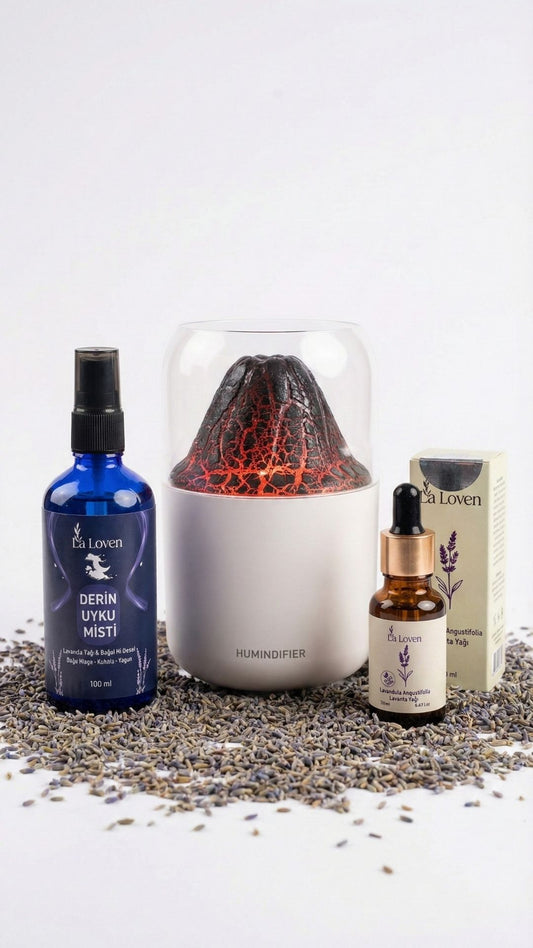 Volkanik Atmosfer Seti: Alev Efektli Yanardağ Difüzör + Aromaterapi Paketi