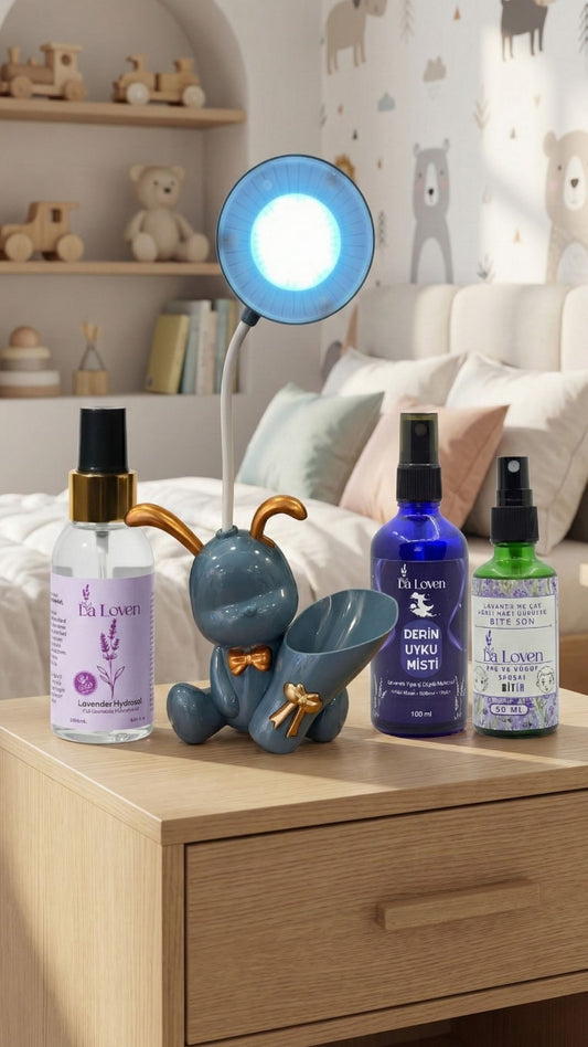 Çocuk Seti – Lavanta Hidrosolü + Derin Uyku Misti + Bit Spreyi + Mavi Tavşanlı Gece Lambası