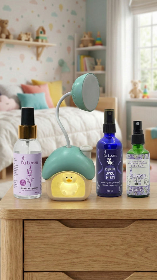 Çocuk Bakım ve Uyku Seti – Lavanta Hidrosolü + Derin Uyku Misti + Bit Spreyi + Turkuaz Civciv Gece Lambası